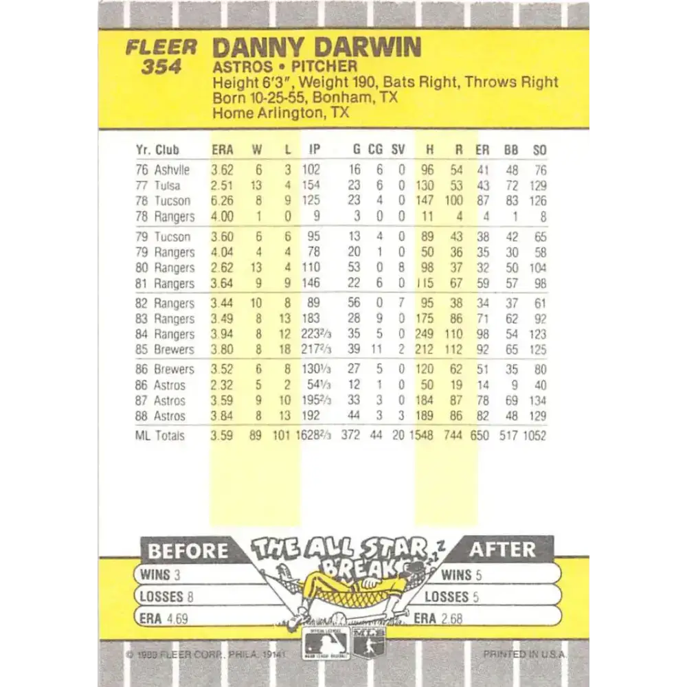 1989 Fleer #354 Danny Darwin EX Excellent Houston Astros Baseball Card - Baseball Card Single