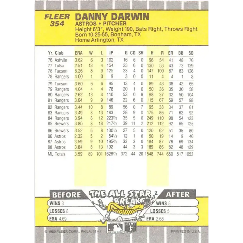 1989 Fleer #354 Danny Darwin EX Excellent Houston Astros Baseball Card - Baseball Card Single