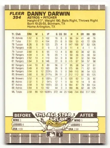 Original gloss 1989 Fleer Danny Darwin Houston Astros baseball card showcasing Darwin Houston Astros skills