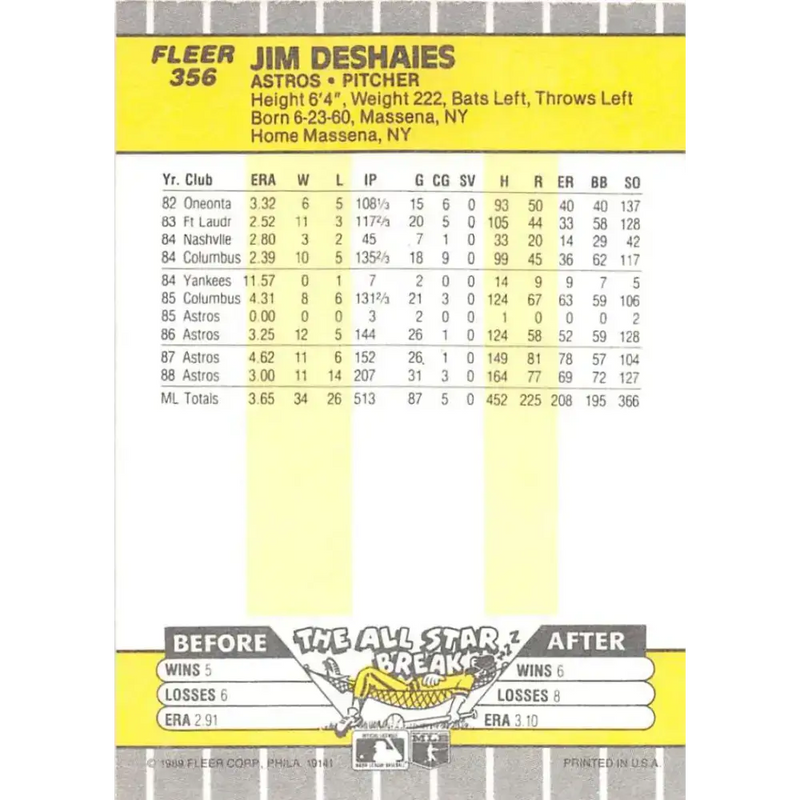 1989 Fleer #356 Jim Deshaies EX Excellent Houston Astros Baseball Card - Baseball Card Single