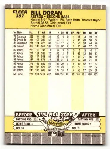 Original gloss Houston Astros baseball card featuring Bill Doran from 1989 Fleer #357