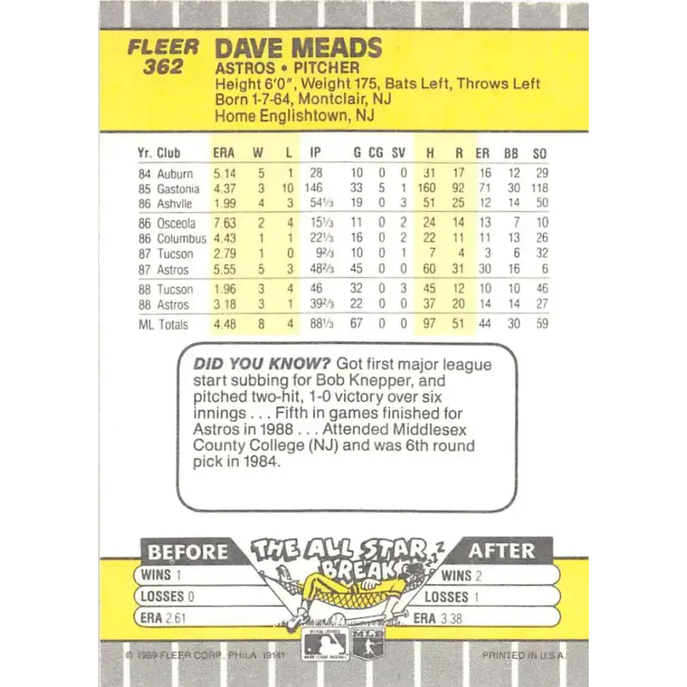 1989 Fleer #362 Dave Meads EX Excellent Houston Astros Baseball Card - Baseball Card Single