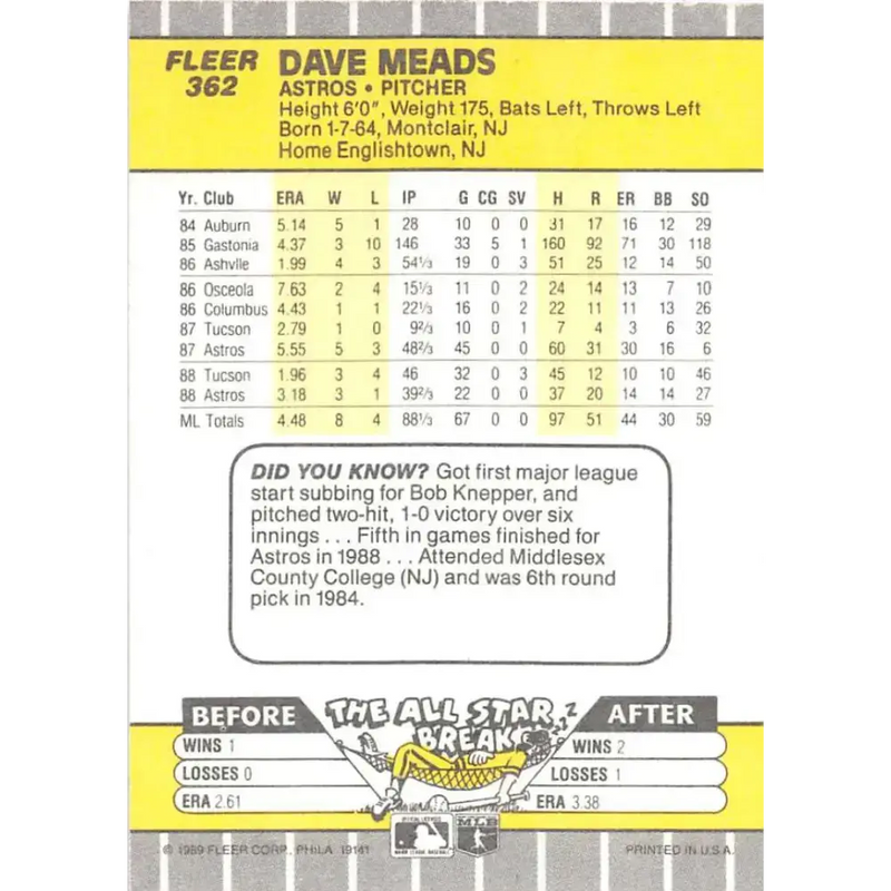 1989 Fleer #362 Dave Meads EX Excellent Houston Astros Baseball Card - Baseball Card Single