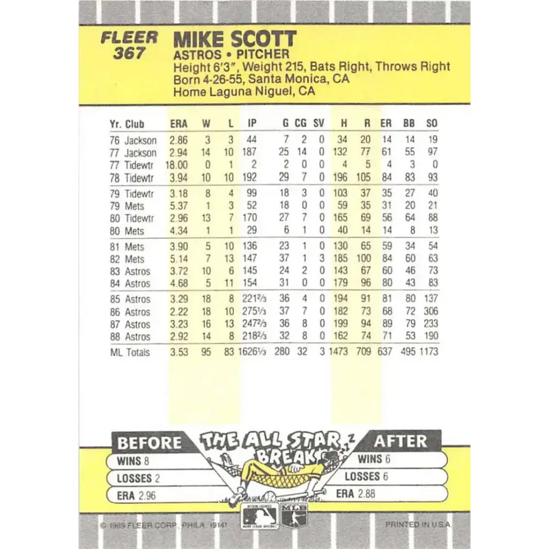 1989 Fleer #367 Mike Scott EX Excellent Houston Astros Baseball Card - Baseball Card Single