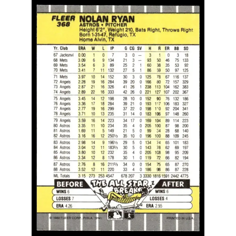 1989 Fleer #368 Nolan Ryan EX/NM Houston Astros Baseball Card - Baseball Card Single