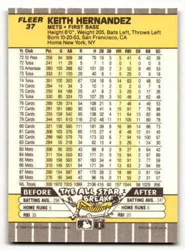 1989 Fleer #37 Keith Hernandez New York Mets Baseball Cards NM Near ID:54483 - Baseball Card Single
