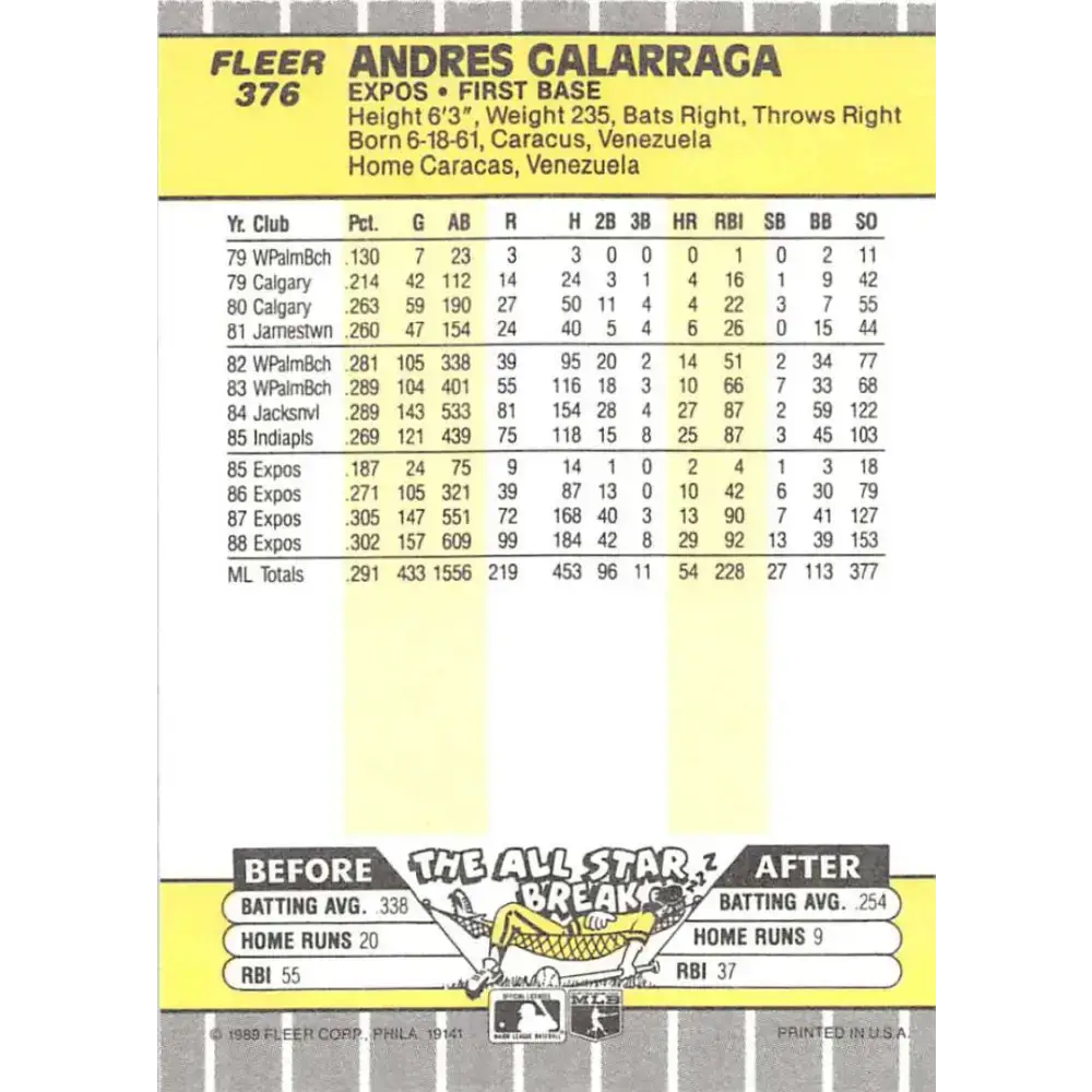 1989 Fleer #376 Andres Galarraga EX Excellent Montreal Expos Baseball Card - Baseball Card Single