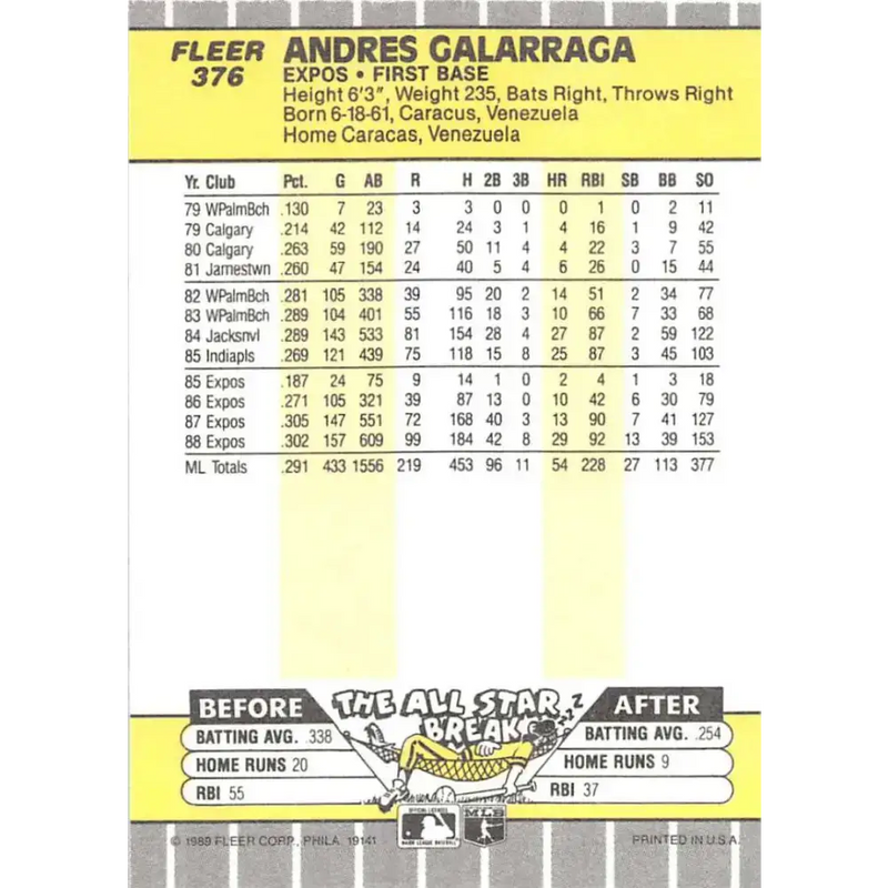 1989 Fleer #376 Andres Galarraga EX Excellent Montreal Expos Baseball Card - Baseball Card Single