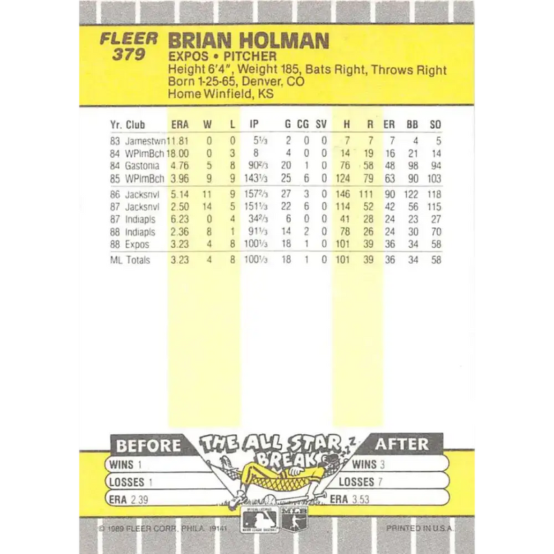1989 Fleer #379 Brian Holman EX Excellent RC Rookie Montreal Expos Baseball Card - Baseball Card Single