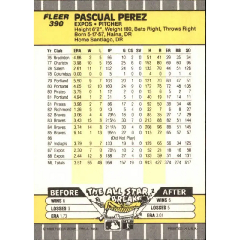 1989 Fleer #390 Pascual Perez EX Excellent Montreal Expos Baseball Card - Baseball Card Single