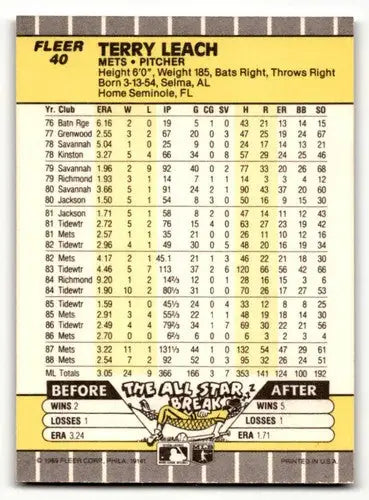 1989 Fleer Terry Leach Mets baseball card with original gloss NM near mint