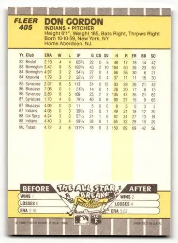 Close-up of 1989 Fleer Don Gordon Cleveland Indians baseball card back with original gloss