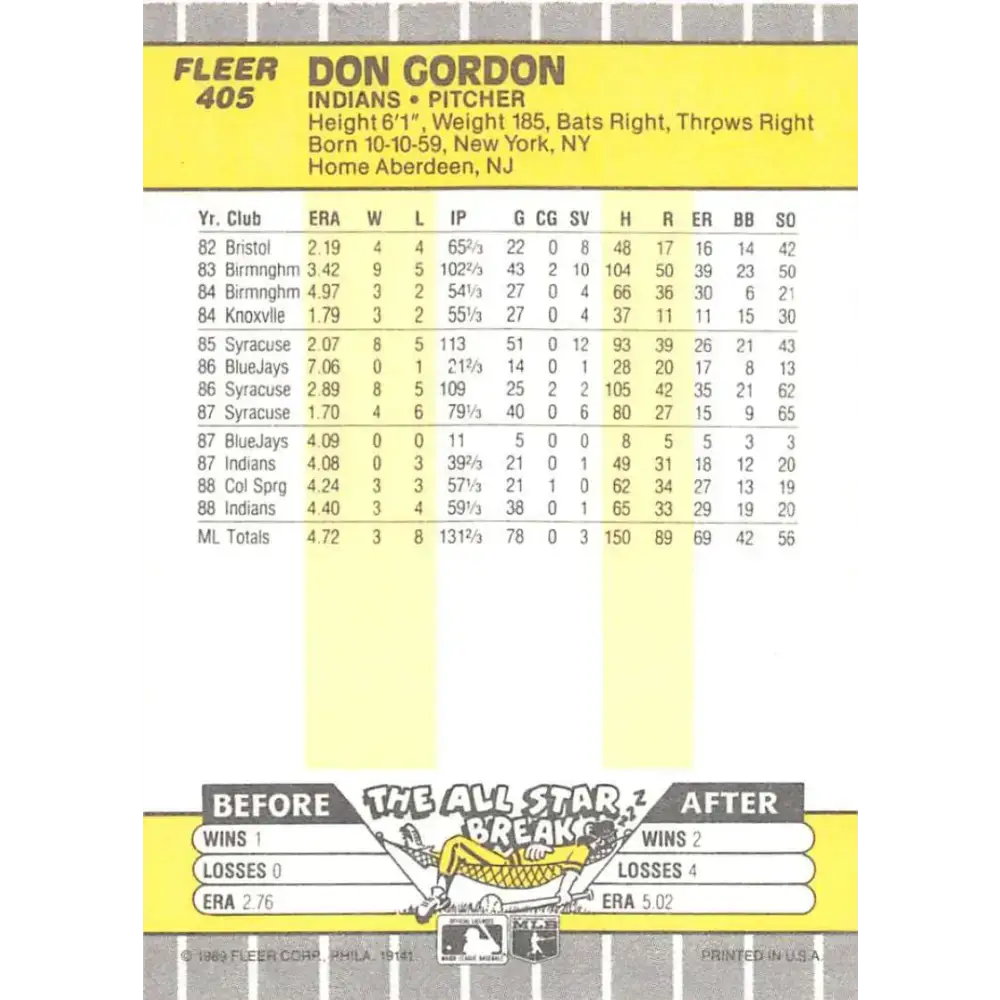 1989 Fleer #405 Don Gordon EX Excellent Cleveland Indians Baseball Card - Baseball Card Single