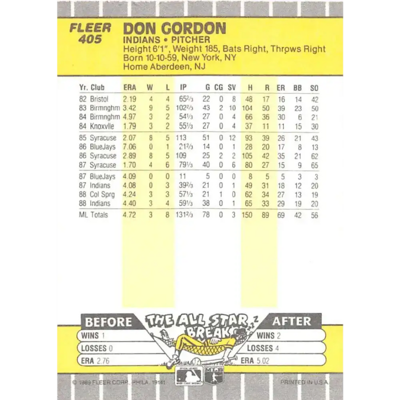 1989 Fleer #405 Don Gordon EX Excellent Cleveland Indians Baseball Card - Baseball Card Single