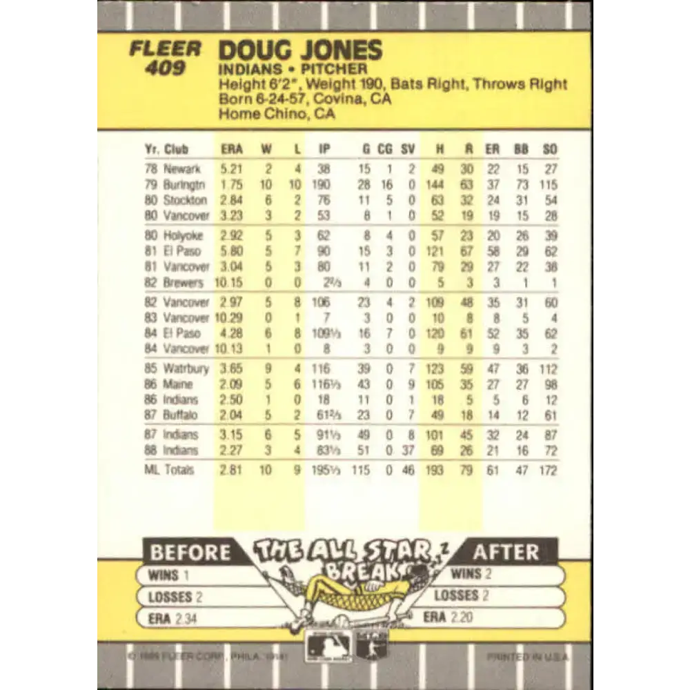 1989 Fleer #409 Doug Jones EX Excellent Cleveland Indians Baseball Card - Baseball Card Single