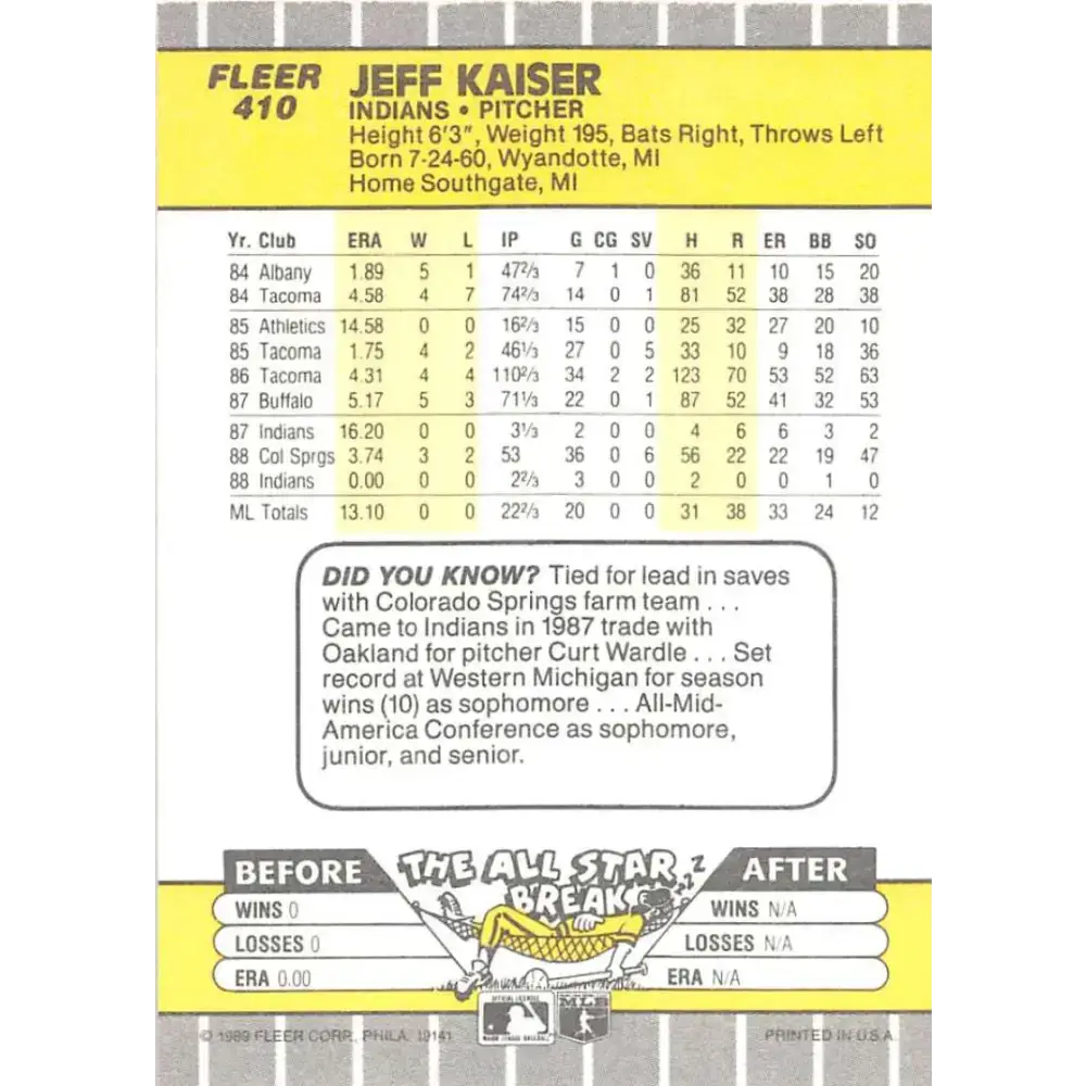 1989 Fleer #410 Jeff Kaiser EX Excellent RC Rookie Cleveland Indians Baseball Card