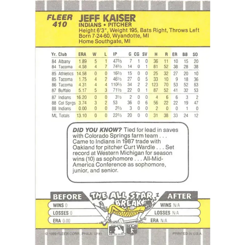 1989 Fleer #410 Jeff Kaiser EX Excellent RC Rookie Cleveland Indians Baseball Card