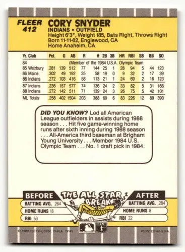 Original gloss Cory Snyder Cleveland baseball card from 1989 Fleer #412 Snyder Cleveland Indians collection