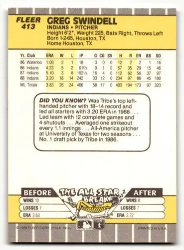 Baseball card back of 1989 Fleer Greg Swindell Cleveland Indians rookie card