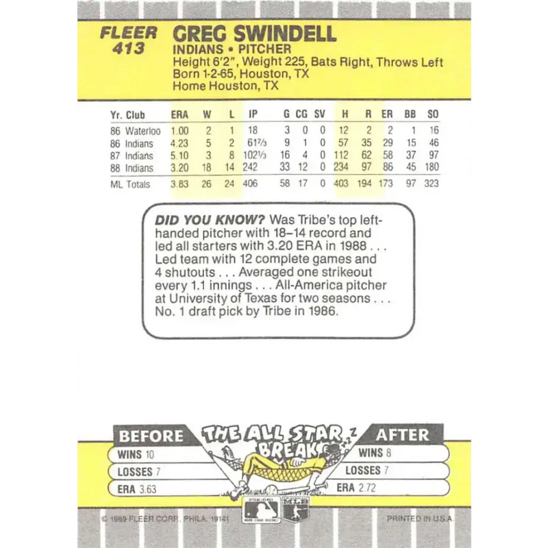 1989 Fleer #413 Greg Swindell EX Excellent Cleveland Indians Baseball Card - Baseball Card Single