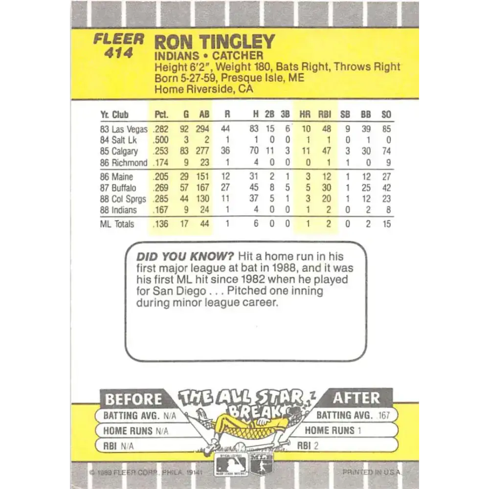 1989 Fleer #414 Ron Tingley EX Excellent Cleveland Indians Baseball Card - Baseball Card Single