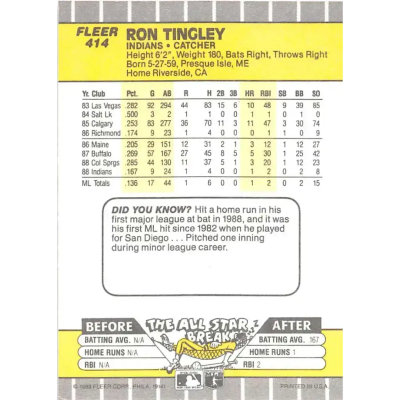 1989 Fleer #414 Ron Tingley EX Excellent Cleveland Indians Baseball Card - Baseball Card Single
