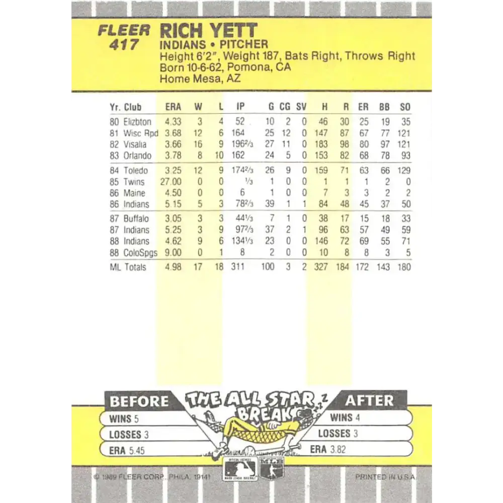 1989 Fleer #417 Rich Yett EX Excellent Cleveland Indians Baseball Card - Baseball Card Single