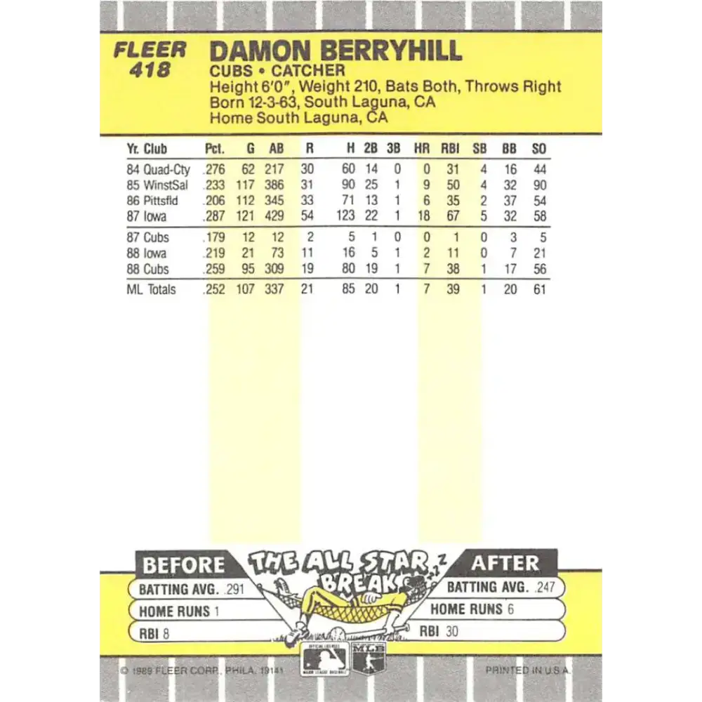 1989 Fleer #418 Damon Berryhill EX Excellent Chicago Cubs Baseball Card