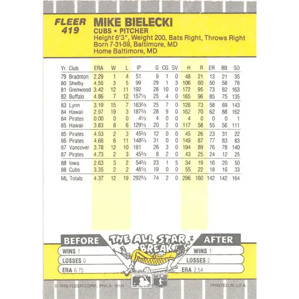 1989 Fleer #419 Mike Bielecki EX Excellent Chicago Cubs Baseball Card