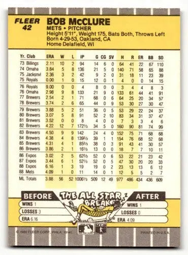 Original gloss Bob McClure Mets baseball cards from 1989 Fleer #42 NM near mint