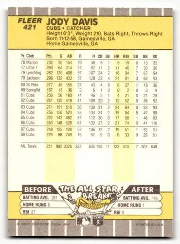 Jody Davis Chicago Cubs baseball card from 1989 Fleer #421 NM Near Mint