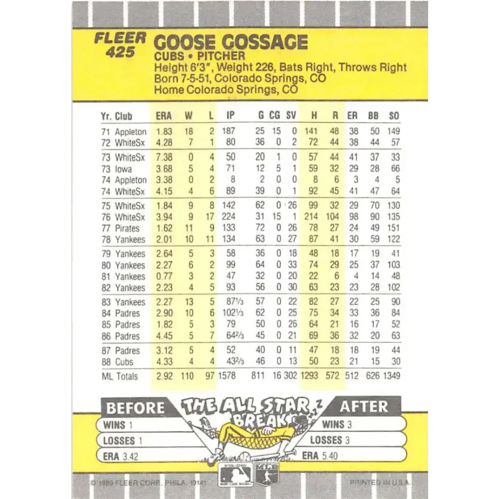 1989 Fleer #425 Rich Gossage EX Excellent Chicago Cubs Baseball Card - Baseball Card Single