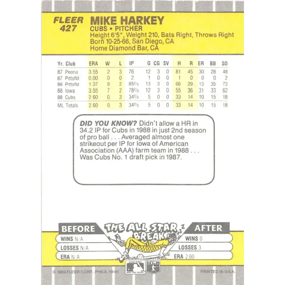 1989 Fleer #427 Mike Harkey EX Excellent RC Rookie Chicago Cubs Baseball Card - Baseball Card Single