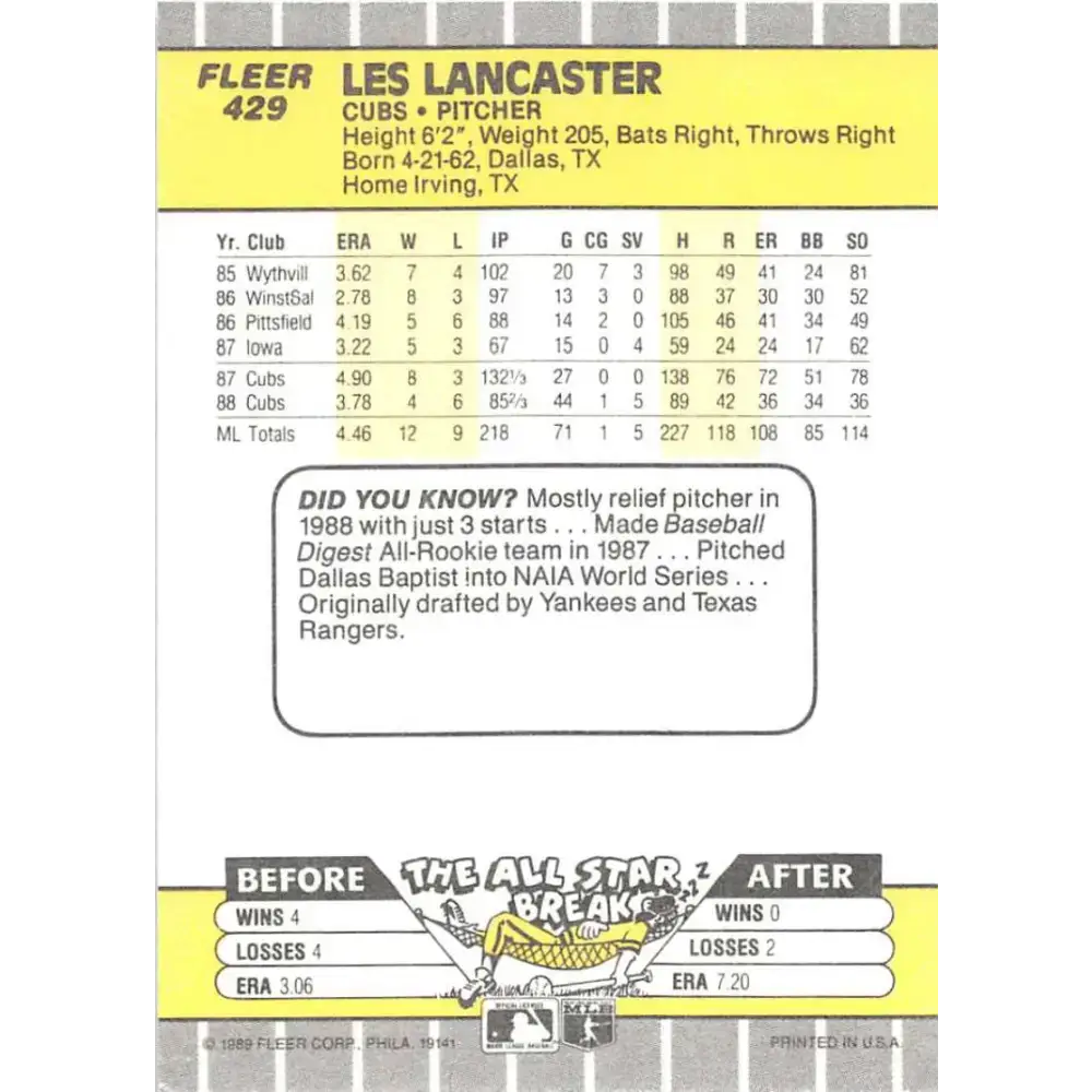 1989 Fleer #429 Les Lancaster EX Excellent Chicago Cubs Baseball Card - Baseball Card Single