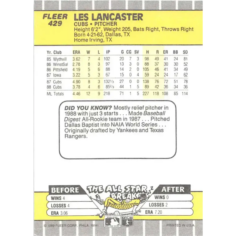 1989 Fleer #429 Les Lancaster EX Excellent Chicago Cubs Baseball Card - Baseball Card Single