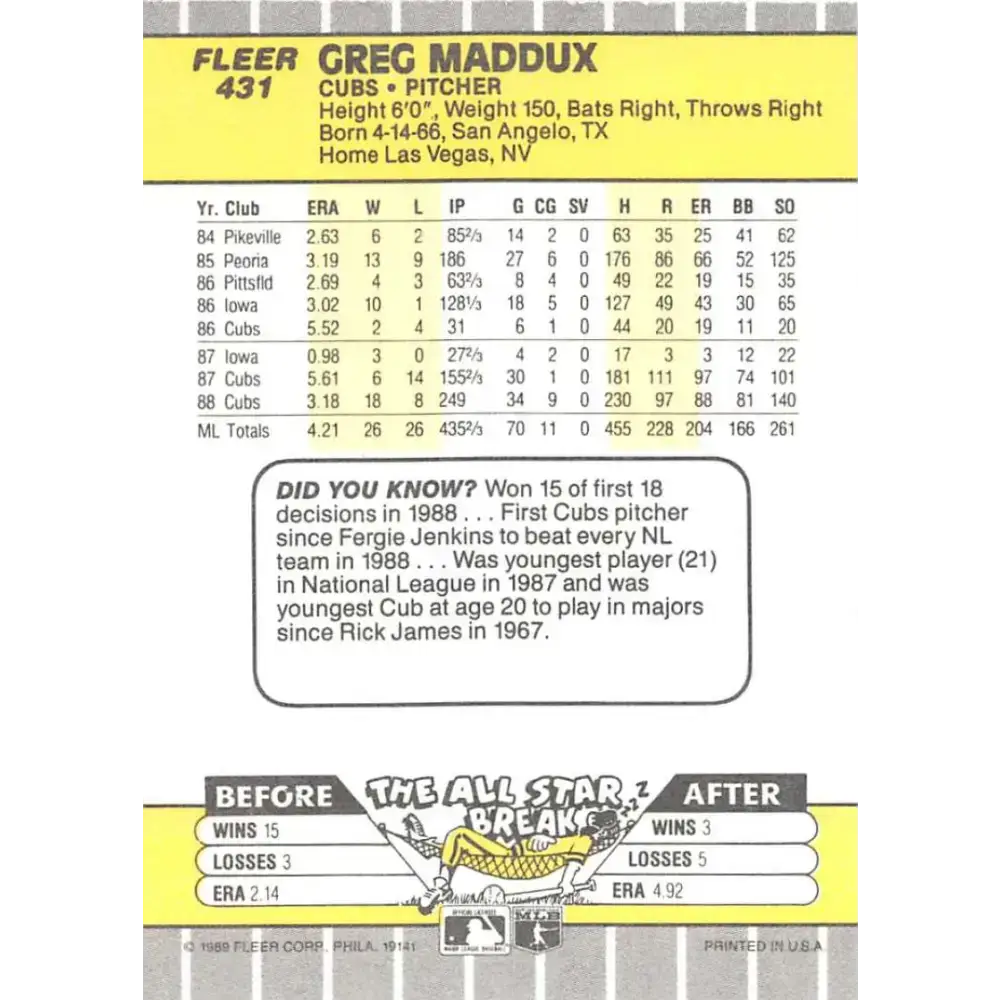 1989 Fleer #431 Greg Maddux EX Excellent Chicago Cubs Baseball Card - Baseball Card Single