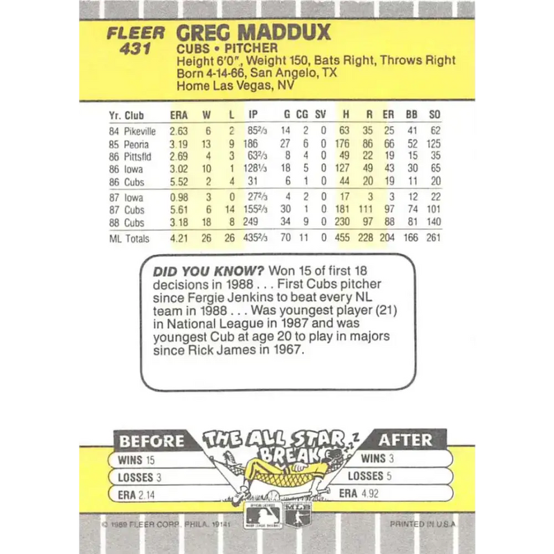 1989 Fleer #431 Greg Maddux EX Excellent Chicago Cubs Baseball Card - Baseball Card Single