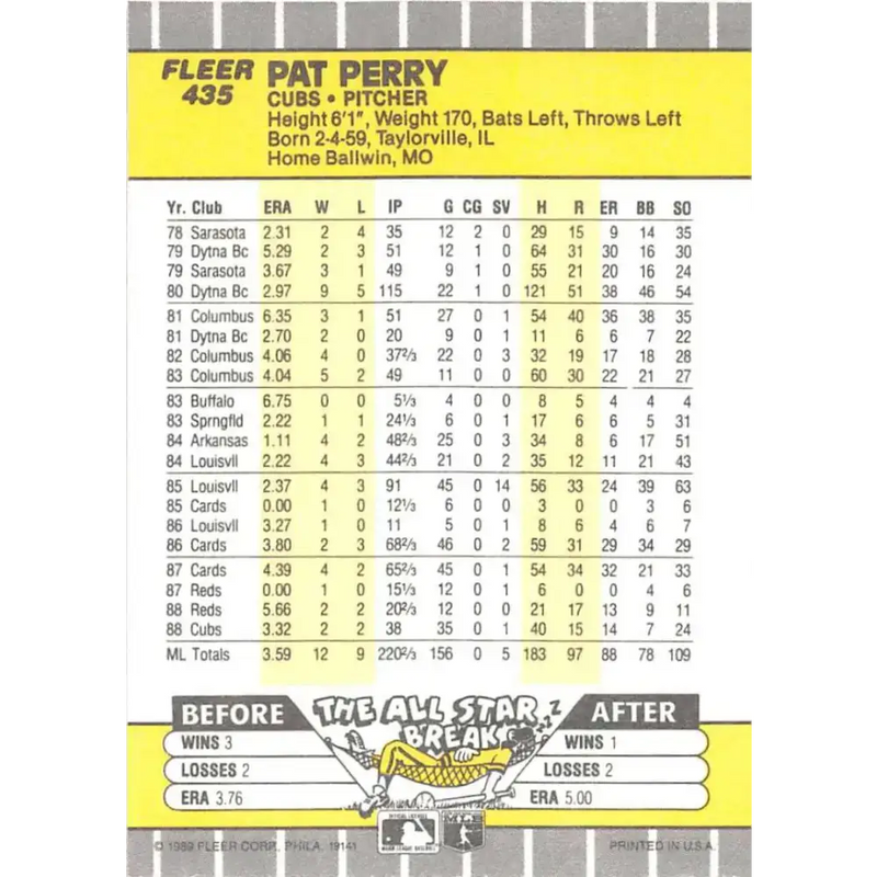 1989 Fleer #435 Pat Perry EX Excellent Chicago Cubs Baseball Card - Baseball Card Single