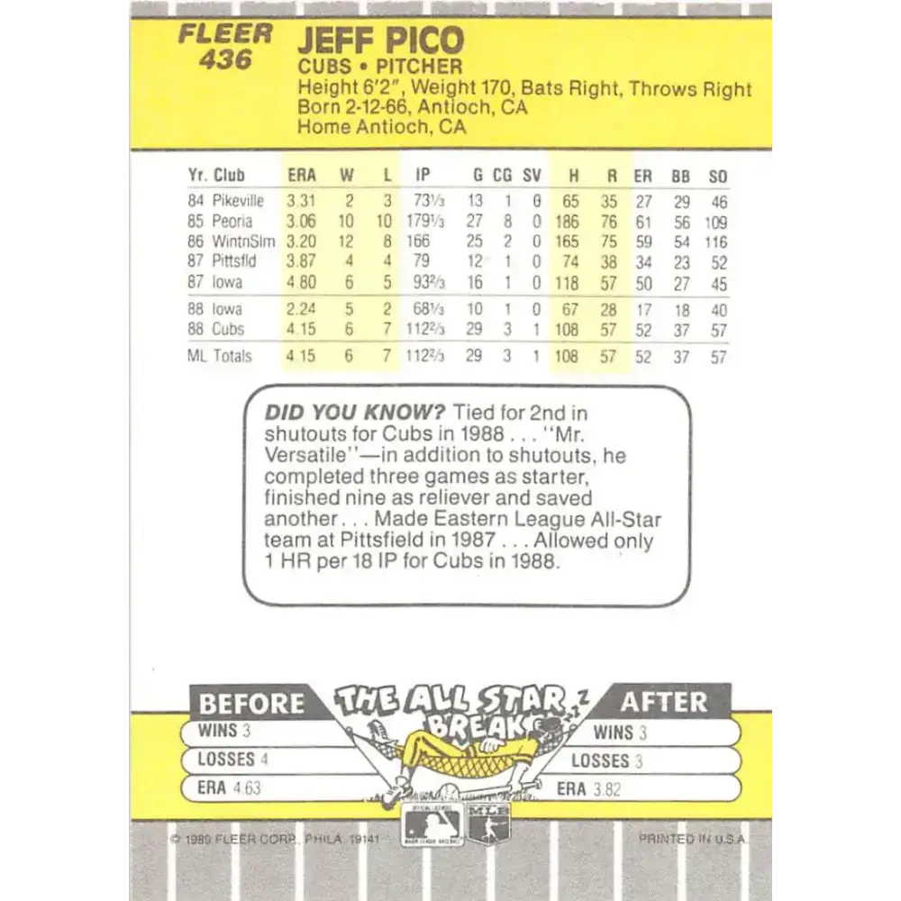 1989 Fleer #436 Jeff Pico EX Excellent Chicago Cubs Baseball Card - Baseball Card Single