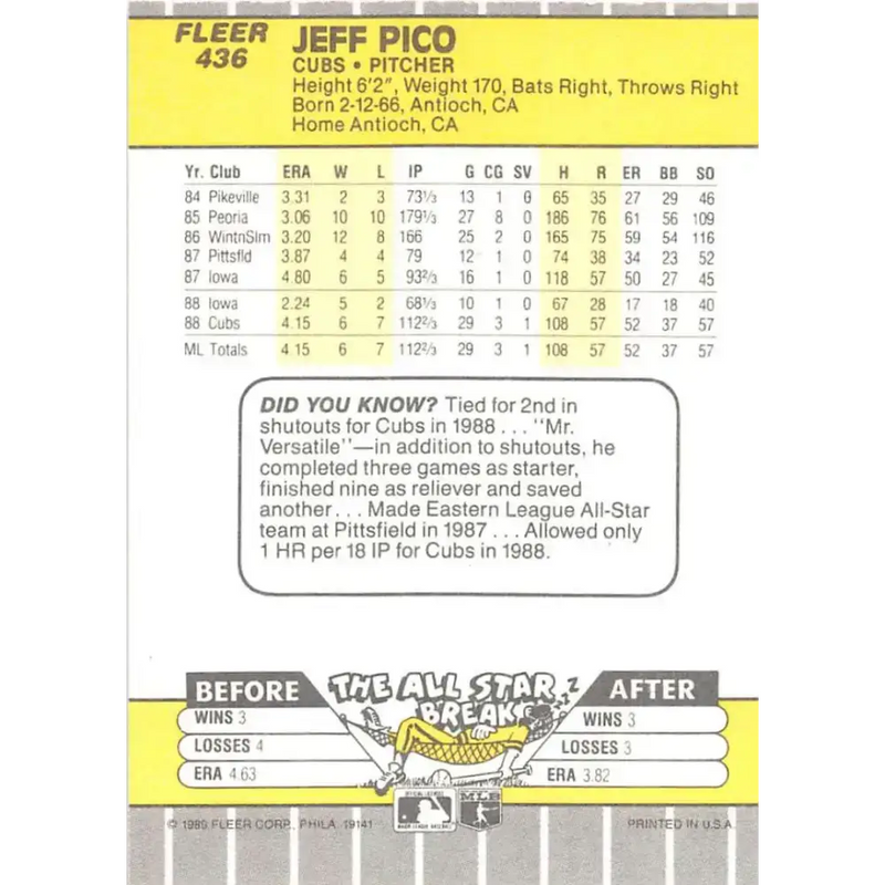 1989 Fleer #436 Jeff Pico EX Excellent Chicago Cubs Baseball Card - Baseball Card Single