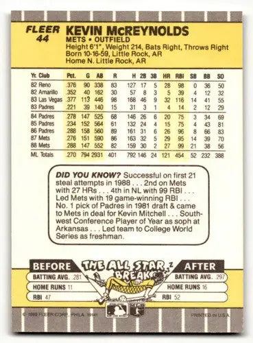 Original gloss Kevin McReynolds Mets baseball card from 1989 Fleer #44 NM near ID 54490