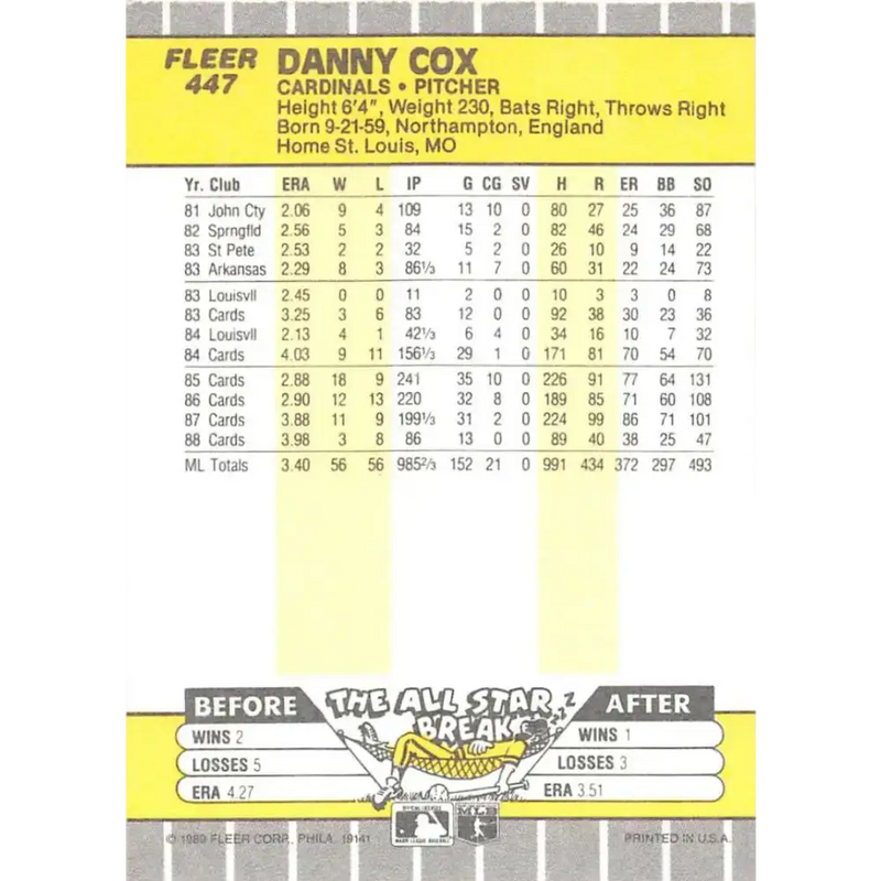 1989 Fleer #447 Danny Cox EX Excellent St. Louis Cardinals Baseball Card - Baseball Card Single
