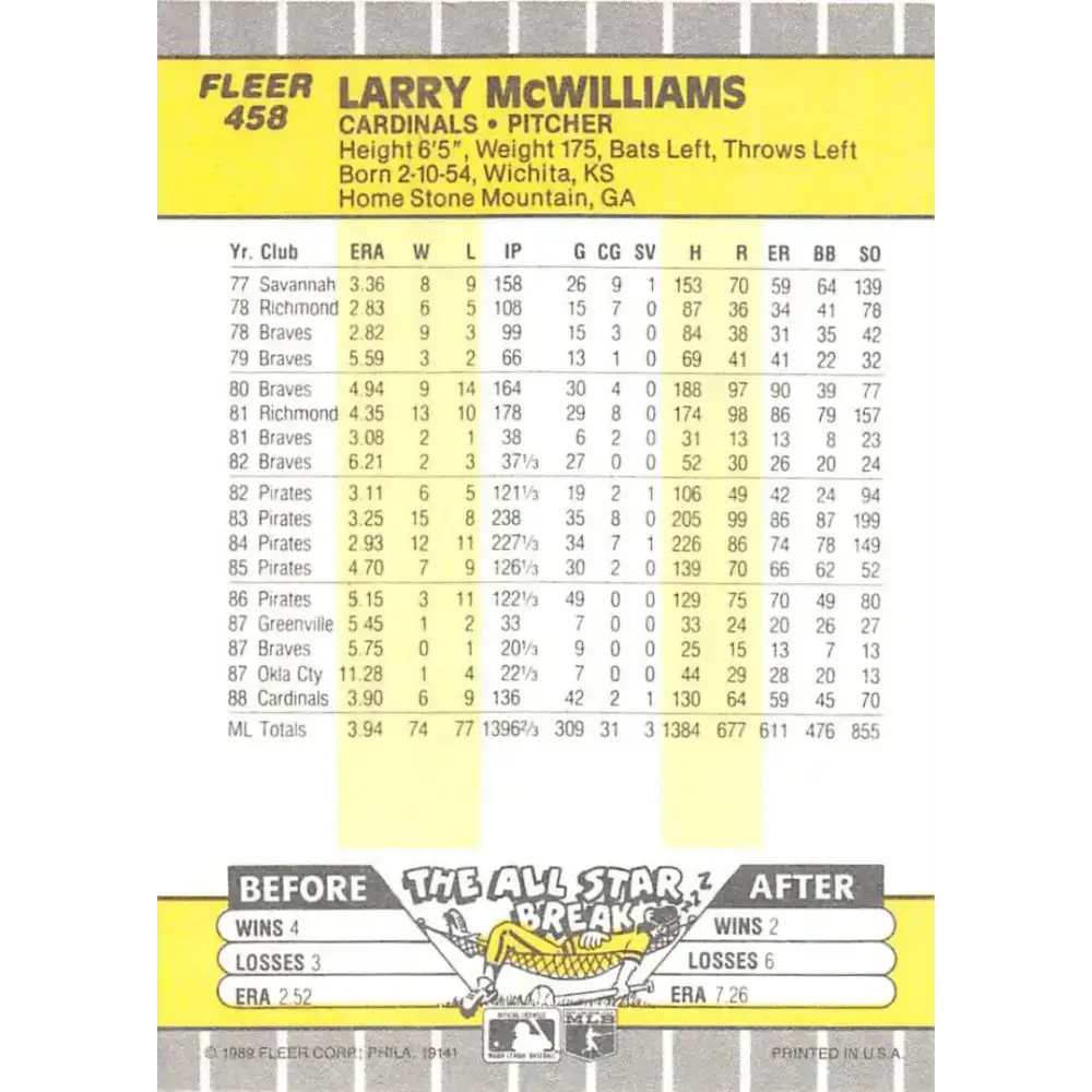 1989 Fleer #458 Larry McWilliams EX Excellent St. Louis Cardinals Baseball Card - Baseball Card Single