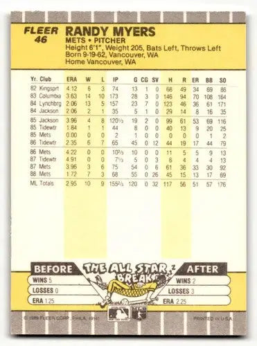 Original gloss Randy Myers Mets baseball card from 1989 Fleer #46 near mint