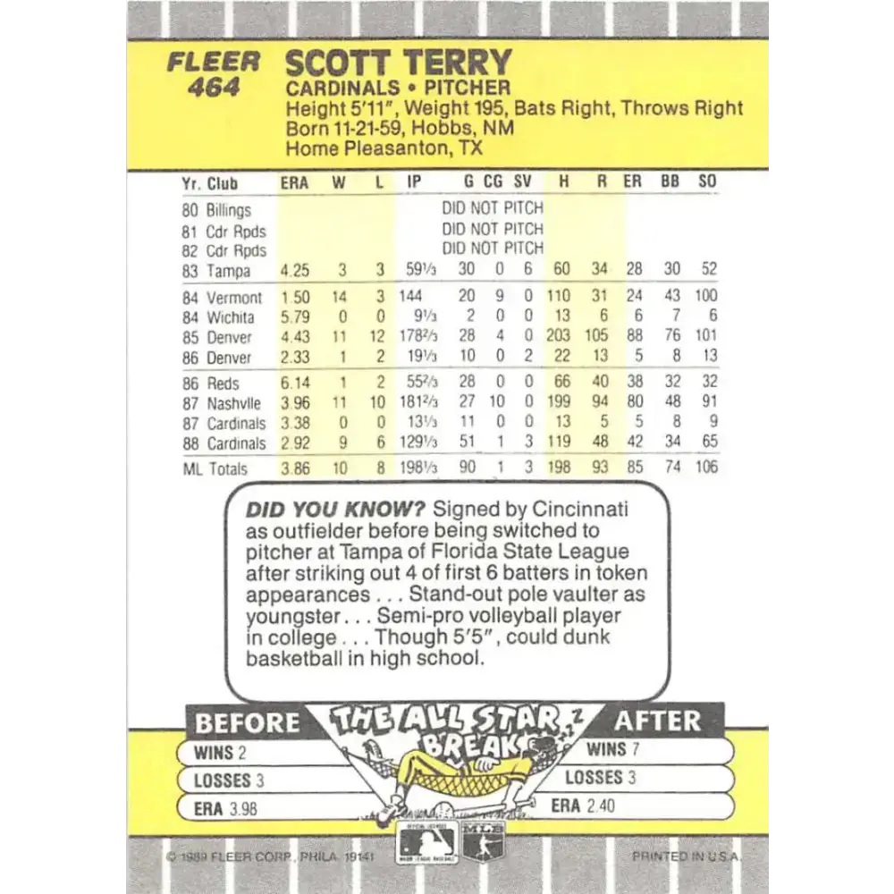 1989 Fleer #464 Scott Terry EX Excellent St. Louis Cardinals Baseball Card