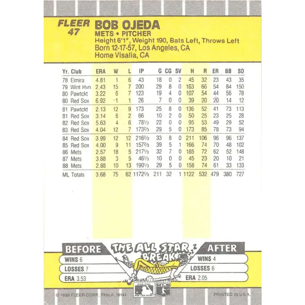 1989 Fleer #47 Bob Ojeda EX Excellent New York Mets Baseball Card - Baseball Card Single