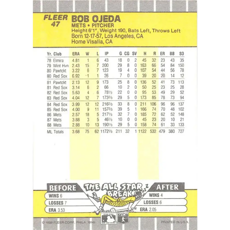 1989 Fleer #47 Bob Ojeda EX Excellent New York Mets Baseball Card - Baseball Card Single
