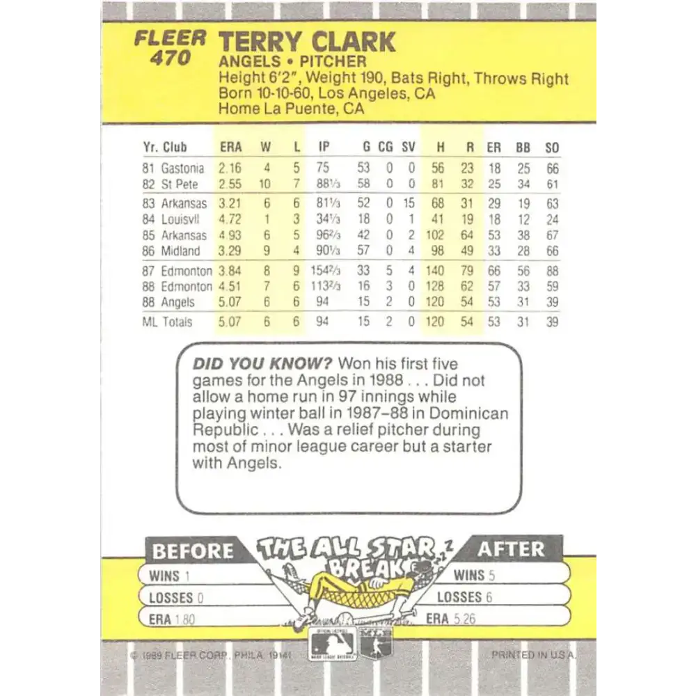 1989 Fleer #470 Terry Clark EX Excellent RC Rookie California Angels Baseball Card