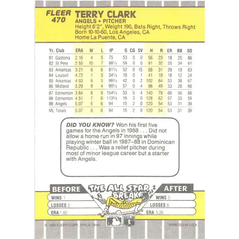1989 Fleer #470 Terry Clark EX Excellent RC Rookie California Angels Baseball Card