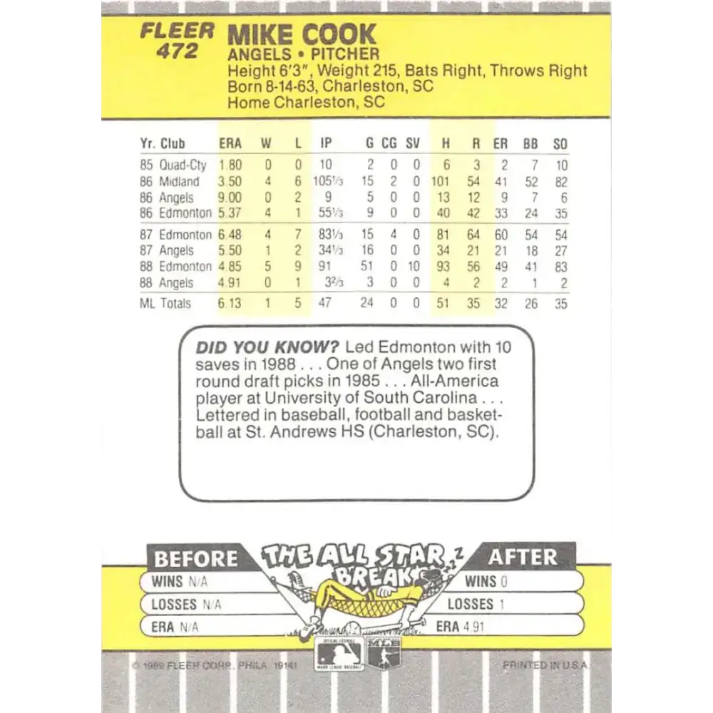 1989 Fleer #472 Mike Cook EX Excellent RC Rookie California Angels Baseball Card - Baseball Card Single